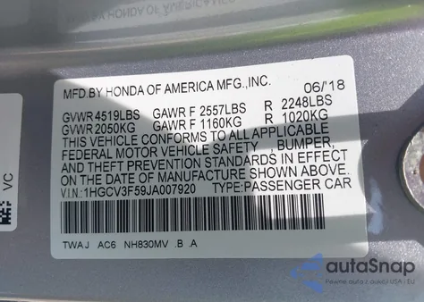 2018 Honda Accord Hybrid Ex-L from USA, damaged, VIN 1HGCV3F59JA007920